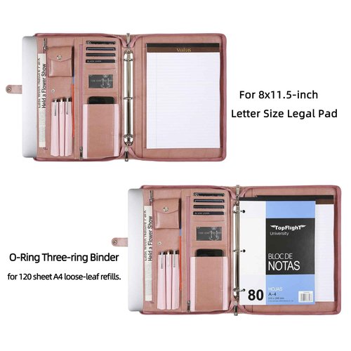 Pink Leather Padfolio for Women, Business Leather Binder 3 Ring Portfolio, Personalzied Leather Portfolio Binder, Zippered Portfolio Organizer for A4 Letter Size Notepad & 13-inch Laptop/Tablet