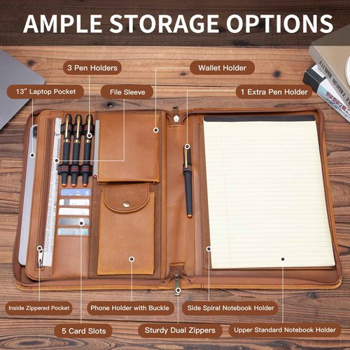 Geslun Genuine Leather Portfolio with Front Pocket for Men and Women, Zippered Padfolio Binder 8.5 x 11 Legal Pad Notebook Holder, Fits 13” Laptop, Professional Work File Case, Brown