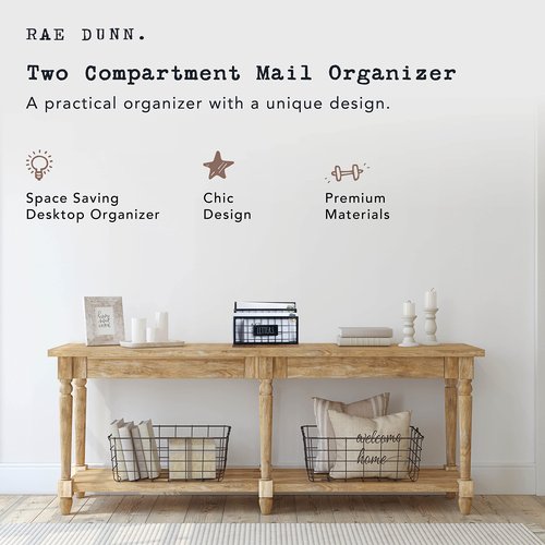 Rae Dunn Desktop Letter Holder – 2 Compartment Mail and Stationary Table Top Organizer – Chic and Stylish Galvanized Steel and Solid Wood - “Letters” Print - for Home and Office
