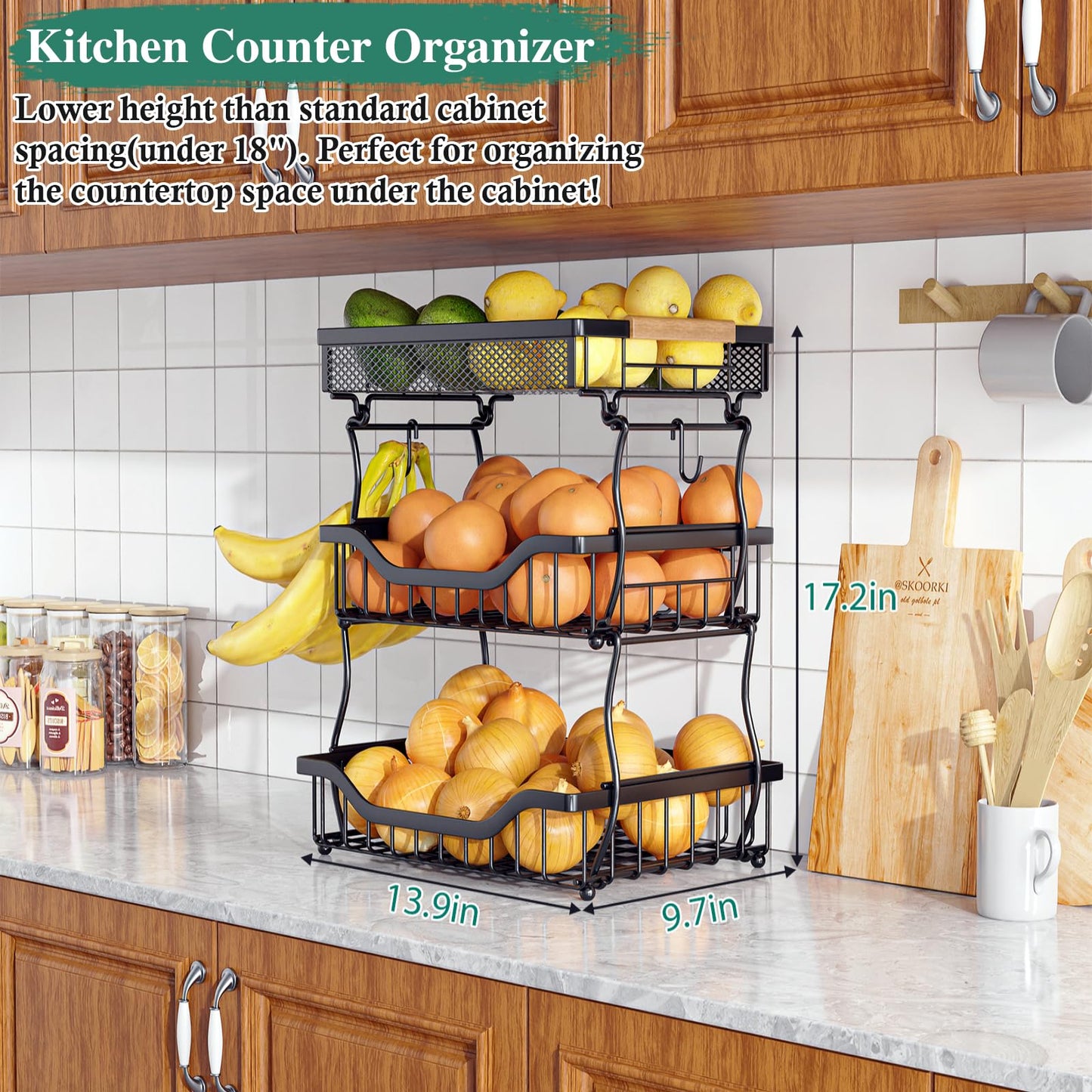 OKZEST 3-Tier Fruit Basket Fits Under Standard Upper Cabinet, 17.2" Tall