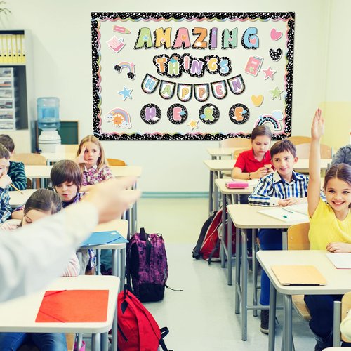 53Pcs Composition Classroom Bulletin Board Decor Girl Style Amazing Things Happen Here Positive Cutouts Inspirational Back to School Bulletin Board Sets for Teacher Students Office Home Wall Supply