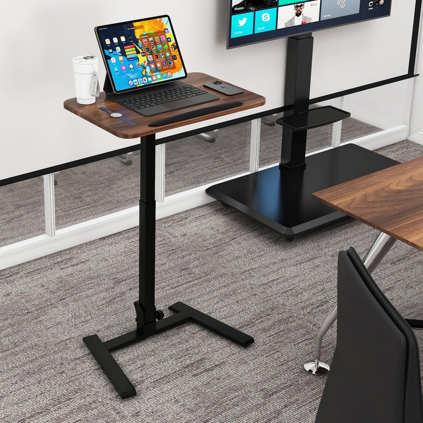 PUNCIA 25 Inch Mobile Folding Desk, Pneumatic Sit-Stand, No Assembly Required Computer Cart, Adjustable Height Laptop Table, 0-90° Tilt Top for Home Office, Small Space, Bedroom and Dorm, Retro