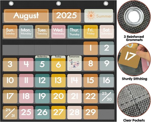 45 Pockets Classroom Calendar - Educational Pocket Chart Calendar for Kids | Boho Decor