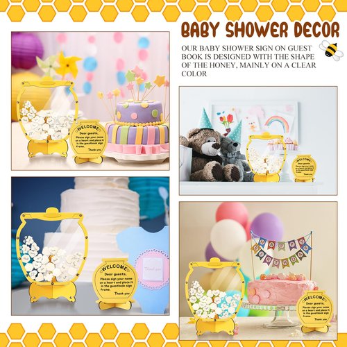 Chunful 83 Pcs Bee Baby Shower Guest Book Alternatives Set Baby Shower Decorations with 1 Wooden Welcome Sign, 60 Wood Slices, 20 Bee Decor and 1 Ballpoint Pen for Birthday Party