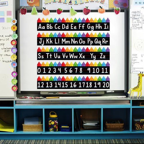 15 PCS Alphabet Bulletin Board Strips Set Alphabet Crayon Bulletin Board Posters ABC Number Line Wall Decor Die-Cut 26 Letter and 0-20 Number Border for Kindergarten Classroom Playroom Bedroom Decor