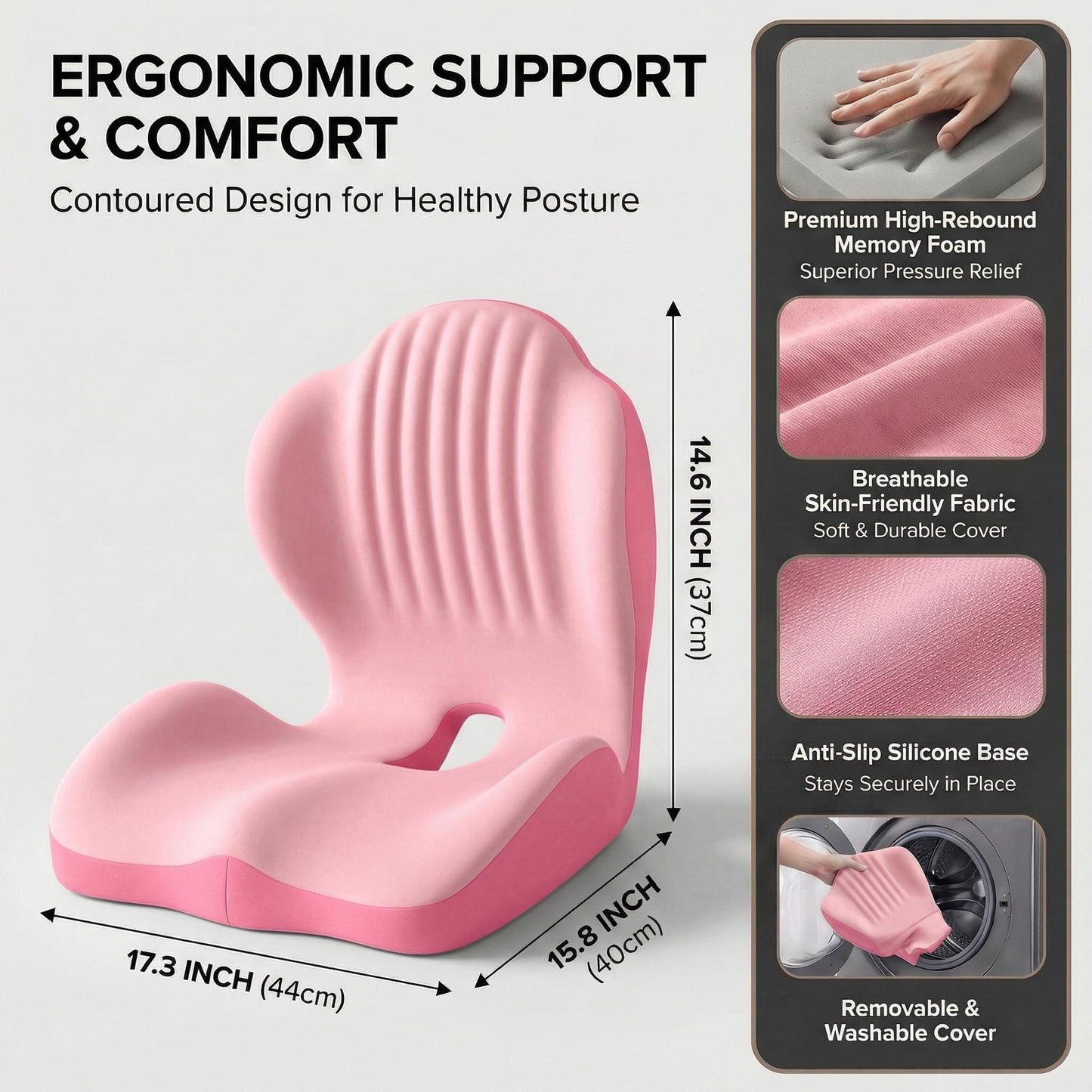 Ergonomic Seat Memory Foam Support Cushion for Back, Car Seat Back Support Cushion for Sciatica Tailbone Pain, Office Desk Chair Car Travel Seat Cushion (Pink)