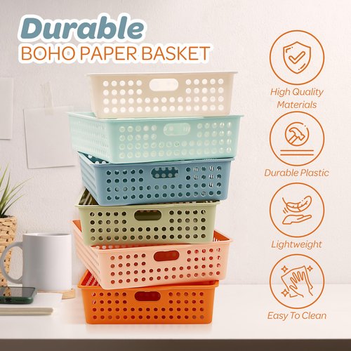 4E's Novelty 6 Pack Classroom Paper Baskets, Organizing Desk Boho Tray for A4 Papers, Classroom Storage Plastic Paper Bins, Fun Turn In Trays for Teachers and Students, Office Desk Room Trays