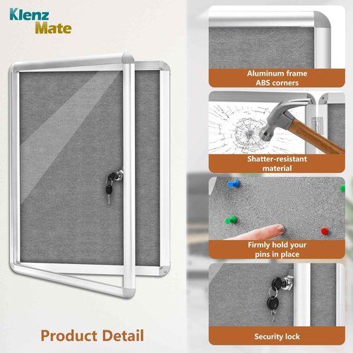 24"x18" Enclosed Cork Bulletin Board Tamper-Proof Dispaly Case,Grey Fabric&Aluminium Frame,Shatter Resistant Lockable Bulletin Board with Clear Acrylic Door for School,Office,Mall,Community,Hospital