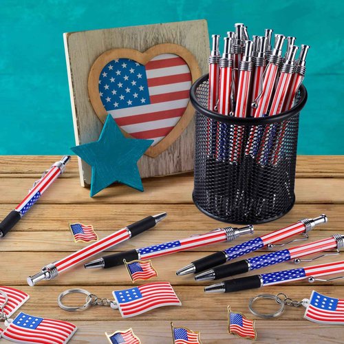 Qilery 400 Pcs Veterans Day Style American Flag Lapel Pins Ballpoint Pen Independence Day Flag Keychains Thank You Card Organza Gift Bag for Home Office 4th of July Party Supplies