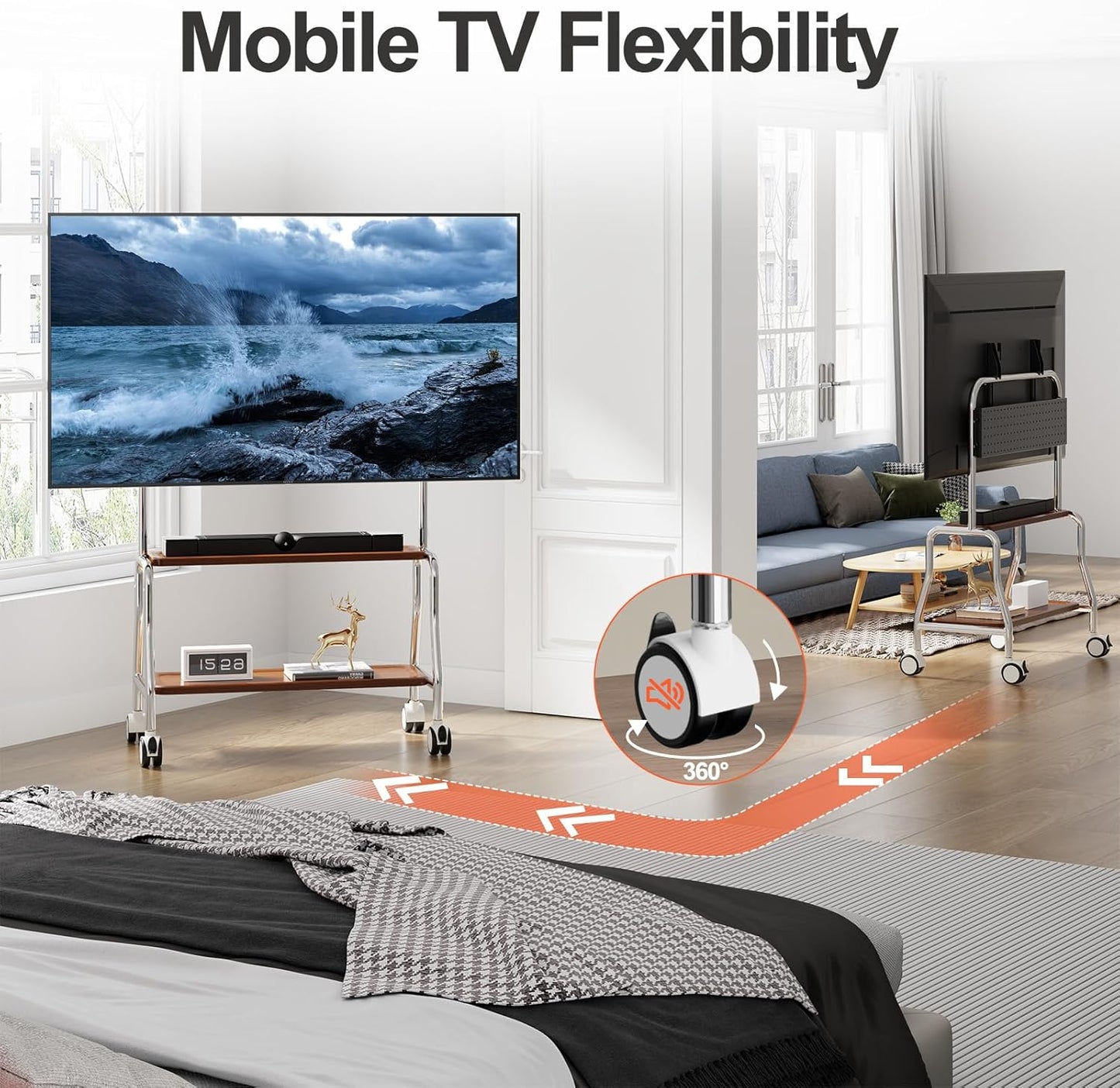 Skiennix Mobile TV Cart - Rolling Stand for 32 to 75 Inch Flat Screens | Stainless Steel, Locking Wheels, 110 Lbs Capacity