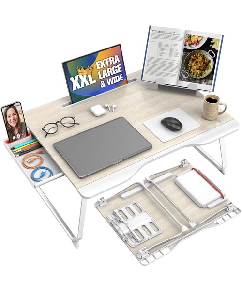 Cooper Mega Table Plus Premium XXL Extra Large Laptop Desk for Bed, Table for Laptop in Bed, Desk for Floor | Portable, Folding Legs, Book Stand, Tablet Groove, Drawer, Extra Wide Surface (White Oak)
