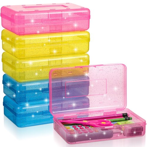 Cholemy 6 Pcs Plastic Pencil Box Large Capacity Glitter Clear Pen Box Hard Pencil Case with Snap Tight Lid Translucent Storage Organizer for Storing Office School Supplies(Red, Blue and Yellow)