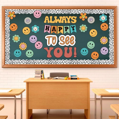 VABAMNA 63 Pcs Groovy Bulletin Board Decorations Set Retro Smiley Face Classroom Decor with Black Dots Border Trims for Back to School Classroom Wall Door Decor