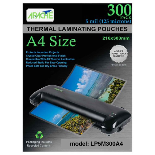 Apache Laminating Pouches 5 mil, for 8.27 x 11.69 inch A4 Size Paper, 8.5 x 11.93 inch Sheets, 300 Pack, Office & School Supplies, Thermal Laminator, Super Clear, 300-Pack, 5mil (125 micron), A4 Sized