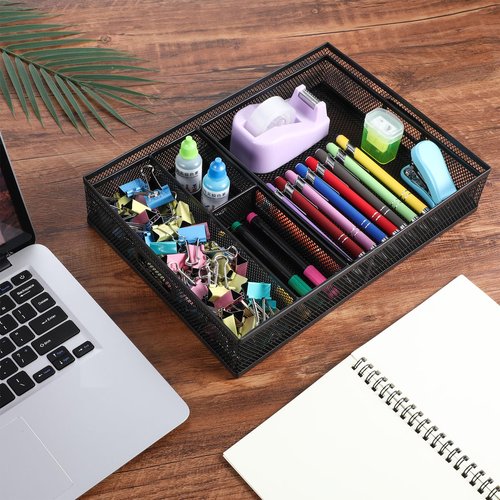 mekueeex Desk Drawer Organizer, Office Drawer Divider Organizer Tray 3 Pack, Metal Mesh Desktop Organization and Accessories for Stationery Makeup Kitchen Toolroom Office