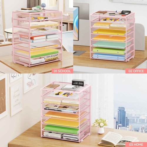 Biciyarn 8 Tier Paper Organizer with Handle, Metal Mesh Desk File Organizer, Large Capacity Desk Organizers Paper Letter Tray Desktop Document Sorter for Office, Home or School - Pink