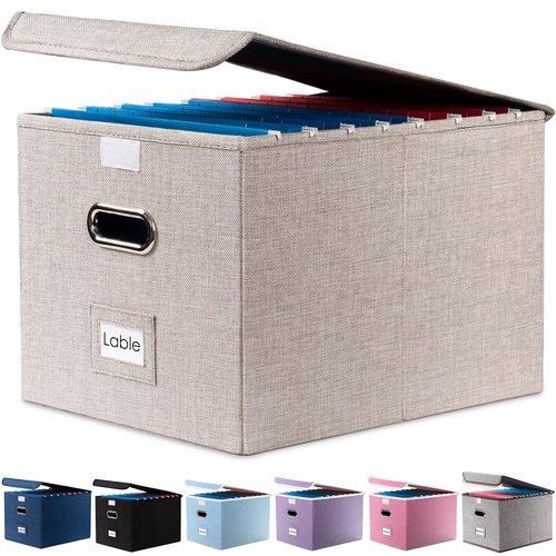 PRANDOM File Organizer Box - Set of 1 Collapsible Decorative Linen Filing Storage Hanging File Folders with Lids Office Cabinet Letter Size Light Grey (15x12.2x10.75 inch)