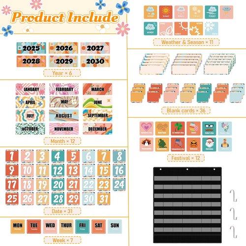 Classroom Calendar Pocket Chart – Boho Retro Groovy Bulletin Board Set with 103 Cards for Preschool, School Schedule, Teacher Must Haves, Kids Class Decor, Back to School