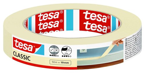 tesa Masking Tape Classic - Painter's Tape for Masking During Painting Work - Solvent-Free, Removable Without Residue - 50 m x 19 mm