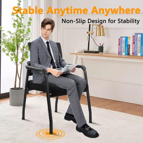 KLASIKA Guest Reception Chair No Wheels with Adjustable Mesh Backrest, Arm Chair with Ergonomic Lumbar Support and Thickened Seats Cushion, Waiting Room Chairs for Office School Church, Black, 2PACK