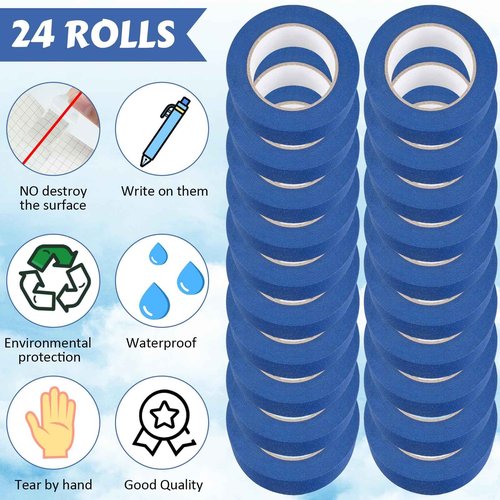 Fainne 24 Rolls Blue Painters Tape Bulk Multi Pack Safe Paint Paper Masking Tape for Wall Painting Decoration Supplies (2 Inch X 55 Yards)