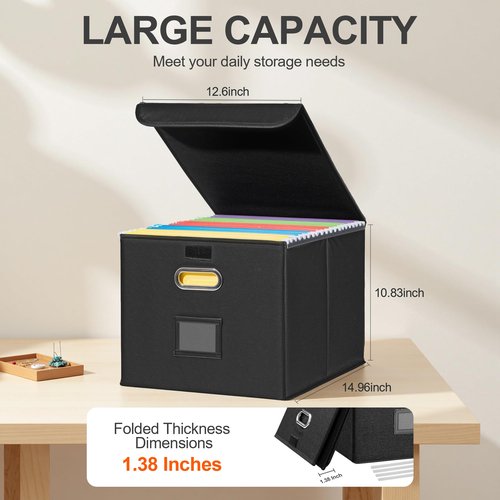 Hleelomi File Organizer Box, Linen Filing Organizer with Lid, Large Desktop File Boxes, Black,2 Pack