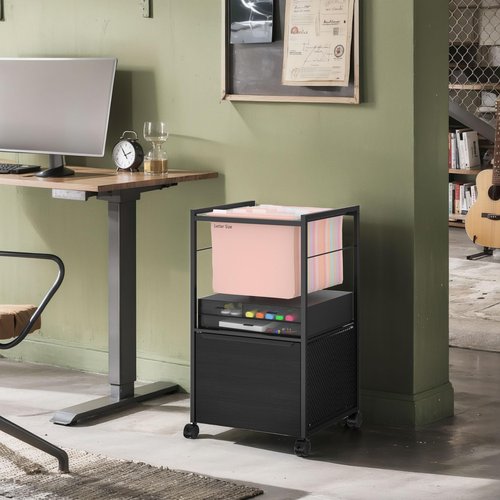 VECELO Printer Stand with Open Storage Shelf, Rolling File Cabinet with Fabric Drawer, Small Side Table for Bedroom,Living Room,Vintage Leather Pull Design, Black