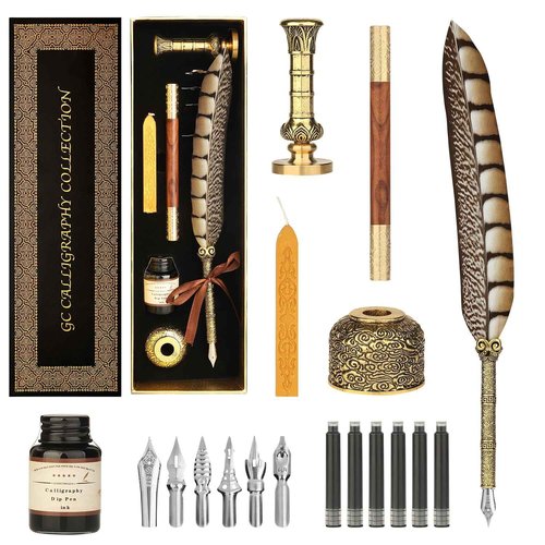 GC QUILL Calligraphy Pen Set - Feather Dip Pen,Dual Tip Calligraphy Fountain Pen, Stamp, Wax Candle, Pen Base, Ink Bottle, Ink Cartridges L1492