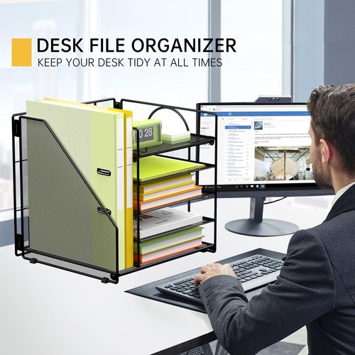 VETUZA 5 Tier Desk Organizer with Vertical File Holder, Desktop File Organizer for Office Home School, Black