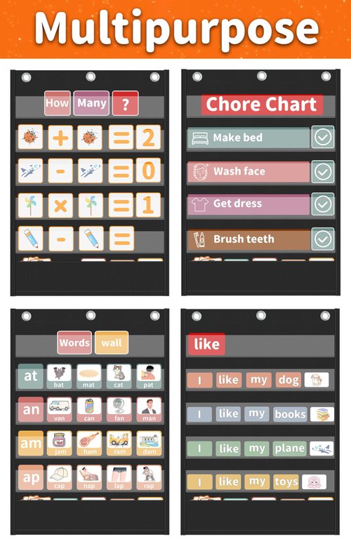 Yoink 5+1 Standard Pocket Chart, 5 Clear Pockets with 1 Extra Storage for Classroom Alphabet Learning, Kids Chore Chart, Word Wall and Sentence Strips Chart for Teachers, Black (25.2" x 17.1")