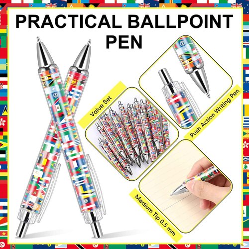 Janlaugh 200 Pcs International Flag Pens World Ballpoint Retractable Country Flags Pens Bulk Multicultural Party Favors Decoration Gift for Christmas School Sports Events Home Office Supplies