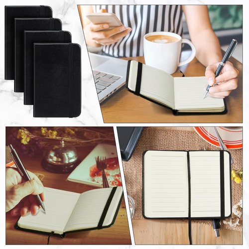 Qeeenar Mini Black Leather Pocket Notebooks - 10 Pcs, 4 x 2.5 Inch, 50 Sheets Lined for Writing