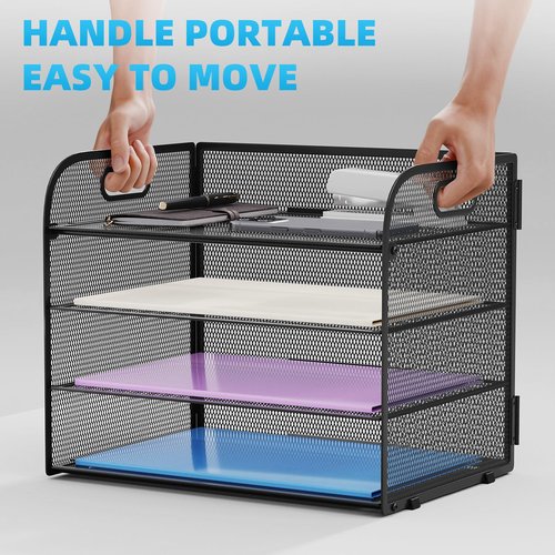 Marbrasse 4 Tier Paper Organizer Letter Tray - Mesh Desk File Organizer with Handle, Paper Sorter Organizer for Letter/A4 Office File Folder Holder (Black, 12.6" x 9.1" x 10.7")