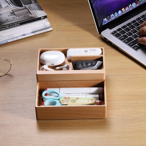 beheart Valet Tray Box, Beech Wooden Storage Box with Magnetic Rotating, Office Desk Daily Supplies Organizer