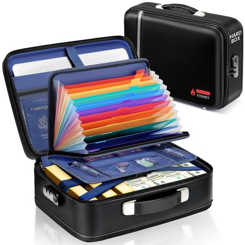 Fireproof Document Box Hard Case with Lock, Upgraded Size Fire Proof Safe for Home Documents with Accordion File Folder & 15.6" Laptop Pocket, Waterproof Office Travel Safe Box for Important Documents