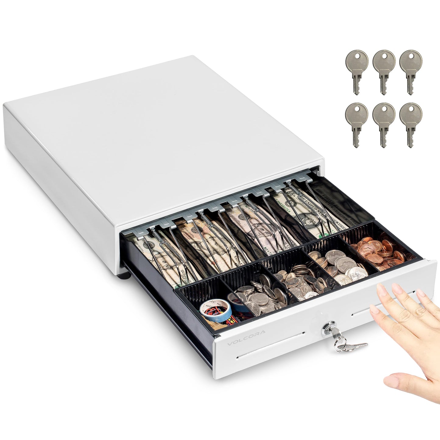 Volcora 13" Manual Push Open Cash Register Drawer for Point of Sale (POS) System, White Heavy Duty Till with 4 Bills and 5 Coin Slots, Key Lock with Removable Coin Tray and Double Media Slots