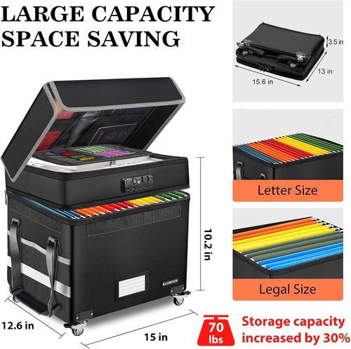 Fireproof File Box with Lock by [Brand Name] - Collapsible Organizer with Wheels for Home & Office | Black