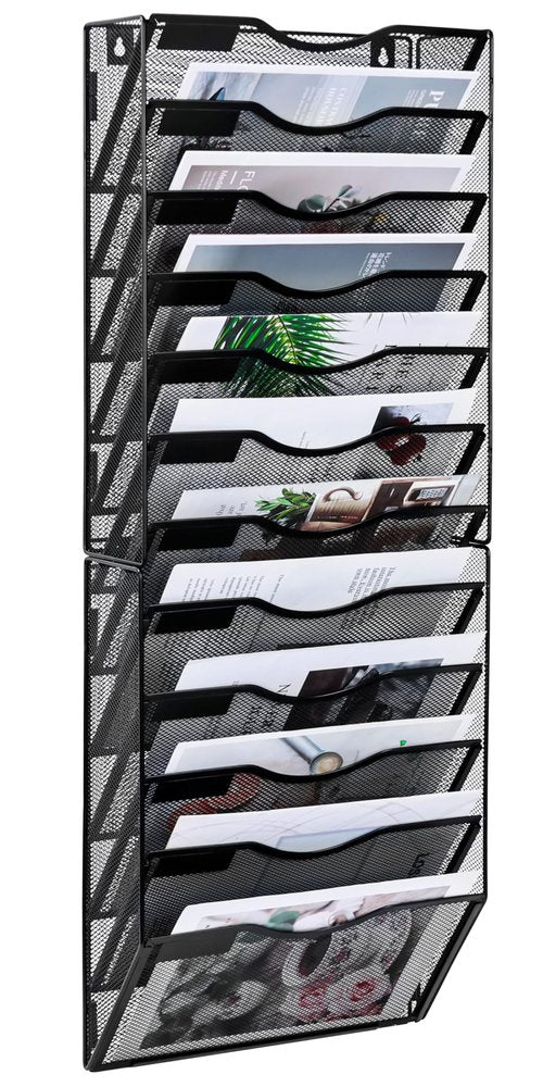 Solinxe Wall File Holder, 12 Pockets Hanging File Folder, Paper Organizer Storage, Document Rack, Mail Holder, Magazine Rack, Wall Organizer for Office, Black
