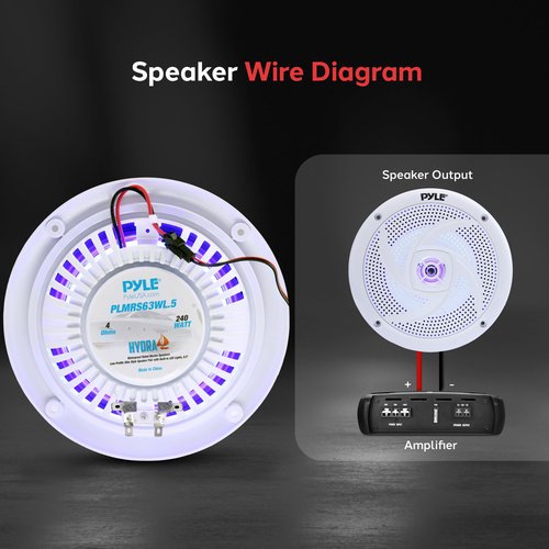 Pyle Low-Profile Waterproof Marine Speakers - 240W 6.5 Inch 2 Way 1 Pair Slim Style Waterproof Weather Resistant Outdoor Audio Stereo Sound System w/ Blue Illuminating LED Lights - Pyle (White)