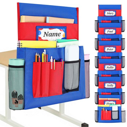Bulyoou 6 Pcs Chairs Pocket for Classroom 16 x 19 Inch Blue and Red Seat Chair Back Organizer with Multiple Storage Pockets and Name Tag for School Supplies Kindergarten Home Organizing