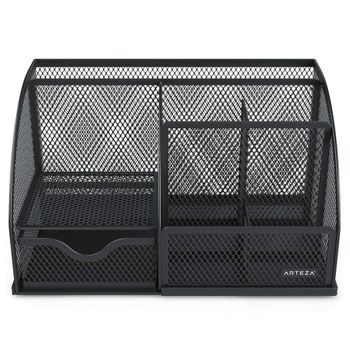 Arteza Mesh Metal Office Desk Organizer with Drawer, 6-Compartment Multi-Functional Design Holds Office Supplies & Accessories Like Pens, Pencils, Notes, Staplers & Scissors (Black)
