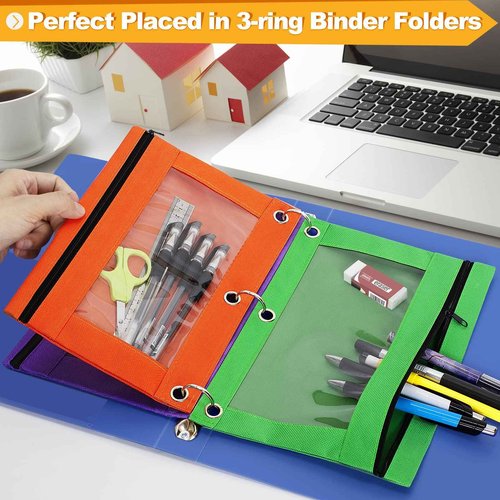 Officygnet 63 Pcs Pencil Pouch for 3 Ring Binder, Bulk Pencil Case Pouch with Clear Window, Pencil Bags with Smooth Zipper, Pencil Pouch for School Office Classroom Supplies(7 Color)
