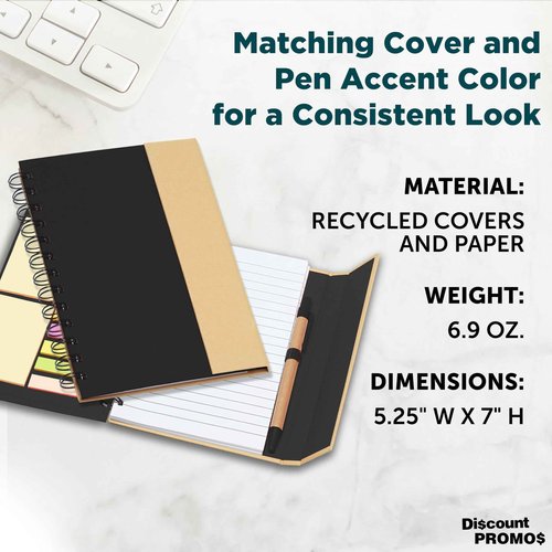 DISCOUNT PROMOS Eco Friendly Spiral Notebooks with Pens Set of 10, Bulk Pack - Perfect for School, Office, Home - Black