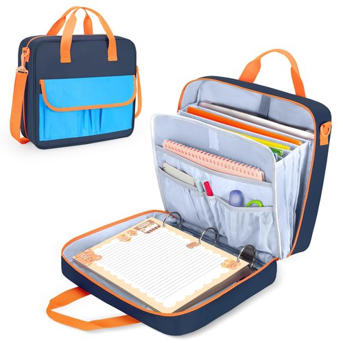 Yarwo Zipper Binder Bag for Boys and Girls, 3 Ring Binder Holds 500 Sheets, Accordion File Organizer with 5 Expanding File Folder Fit for 13” Laptop, Learning Tablet and Stationery, Navy