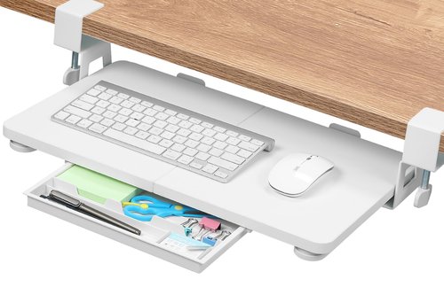 ETHU Keyboard Tray Under Desk, 19.7' X 11.81" Small Size Keyboard Drawer with C Clamp-on Mount Easy to Install, Computer Keyboard Stand Slide Pull Out, Ergonomic Keyboard Tray for Home, Office