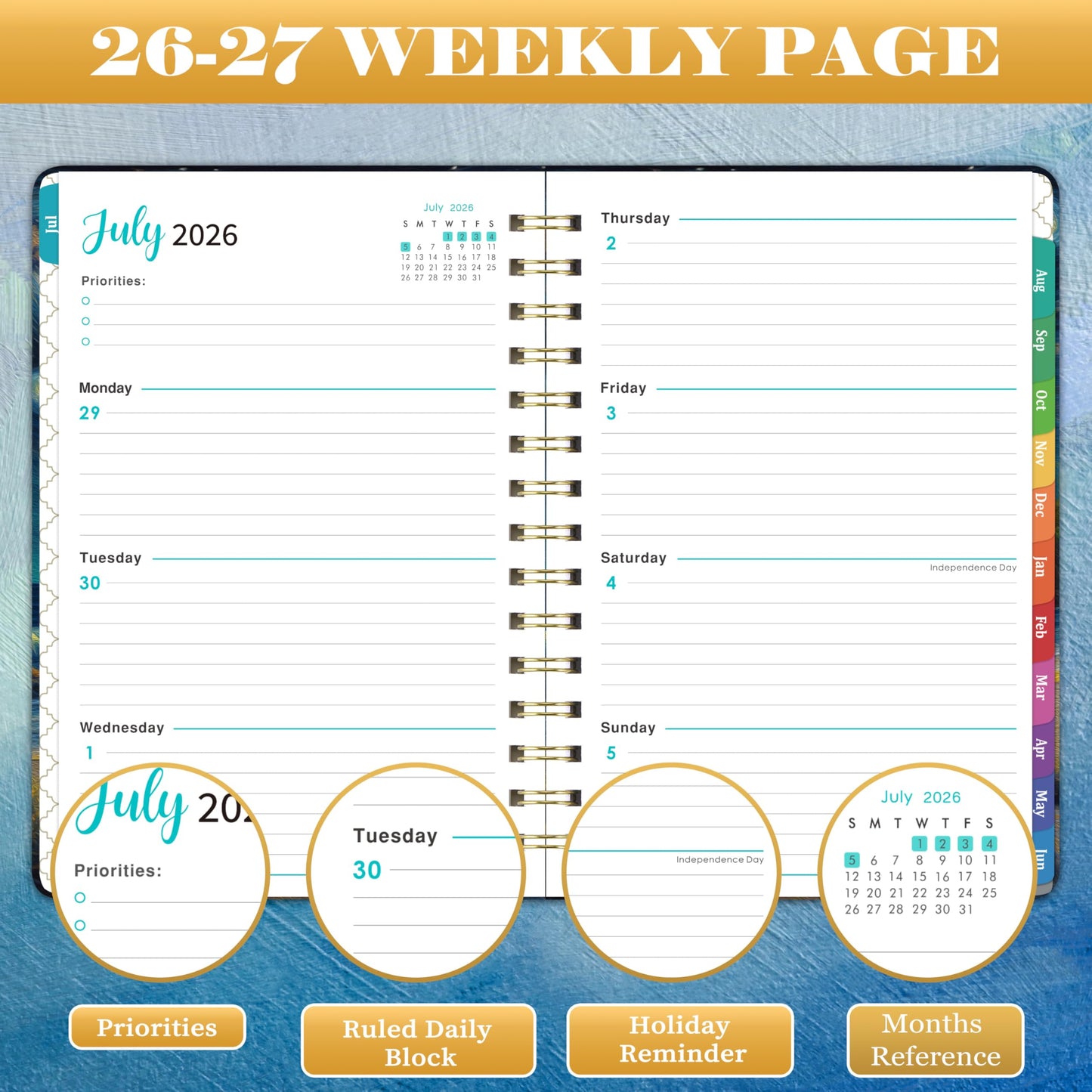 Planner 2026-2027 - Academic Planner 2026-2027, July 2026 - June 2027, 8.4" x 6.3", 26-27 Planner Weekly and Monthly, 26-27 Calendar Planners with Colorful Tabs, Pocket, Hardcover - Dreaming Sea