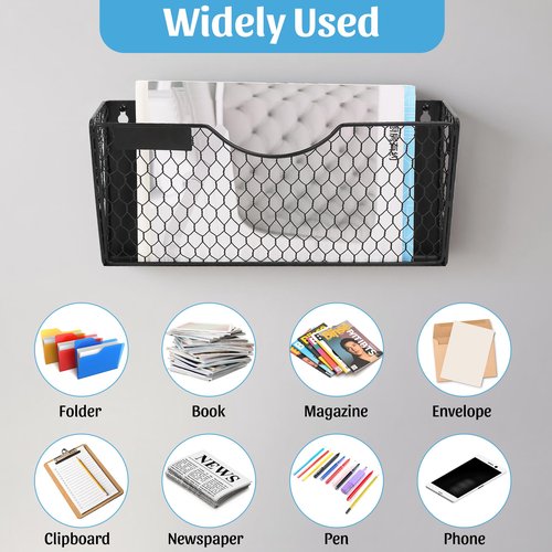 Magnetic File Holder- 2 Pockets Hanging Office File Organizer Wall Mounted 2-in-1, No Drilling Magazine, Paper, Mail, Document Holder for Whiteboard, Refrigerator, Cabinets, Classroom