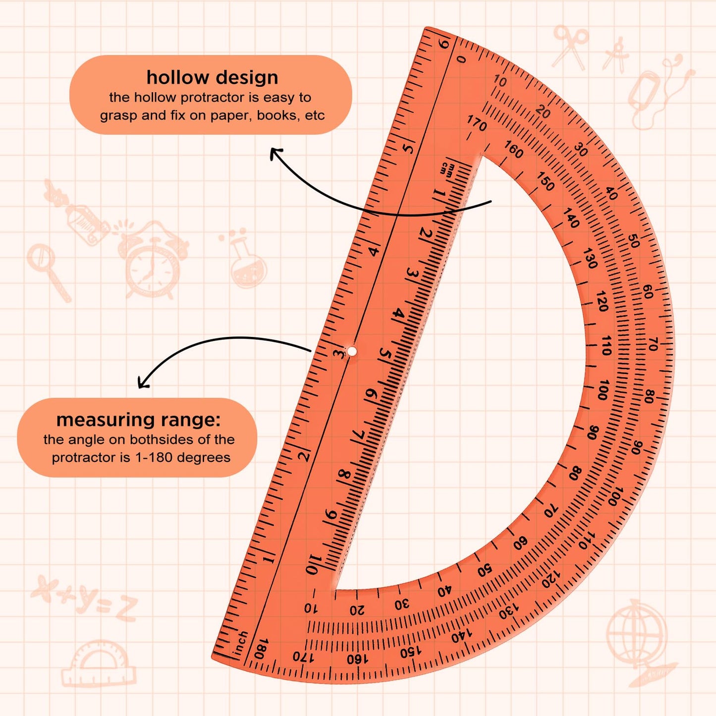 Zonon 2 Pcs 12 Inch Clear Ruler and 6 Inch Plastic Protractor Set, Dual Scale Inch/Cm Math Geometry Measuring Tools for Back to School Students Teachers Classroom Office Drafting Use(Orange)