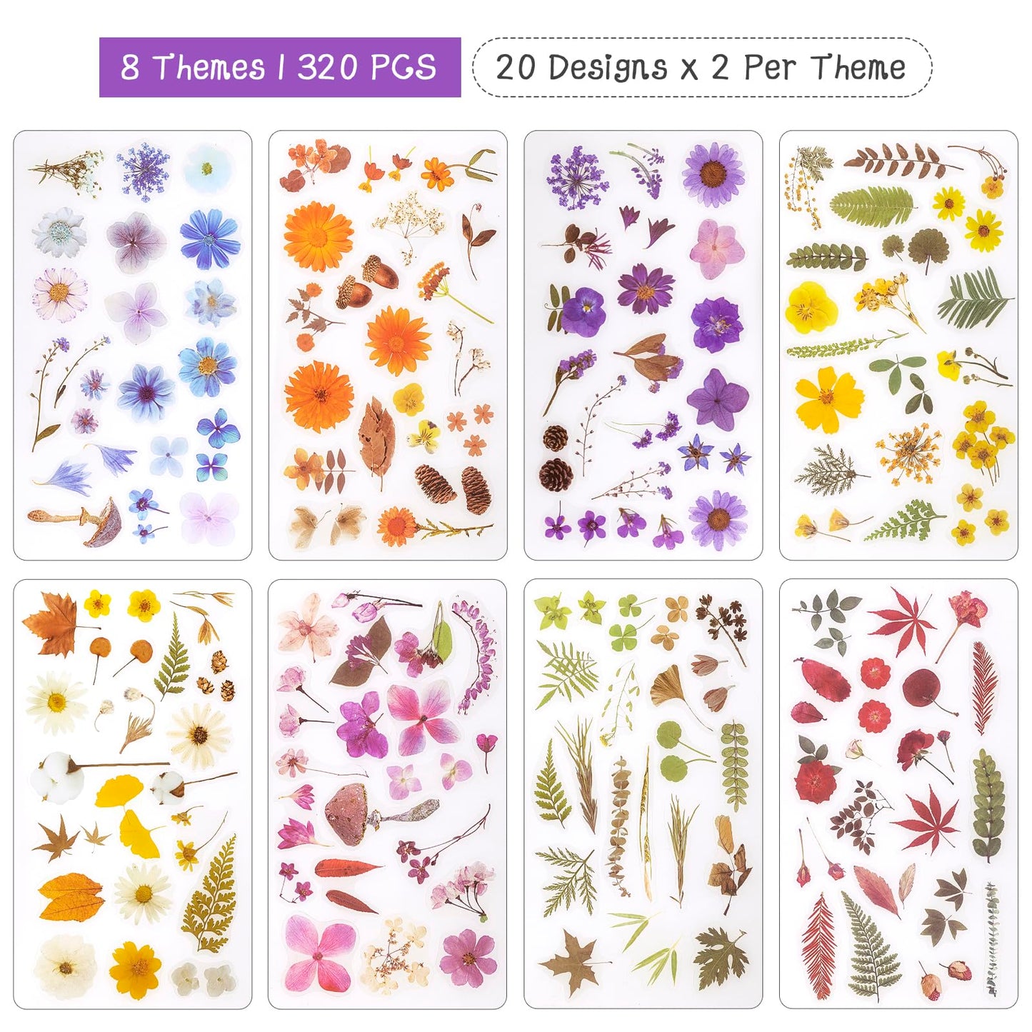 NOGAMOGA 320 PCS Natural Vintage Flower Stickers, Small Floral Leaf Sticker Self-Adhesive Scrapbook Supplies for Journaling, Resin Art, DIY Crafts, Card Making