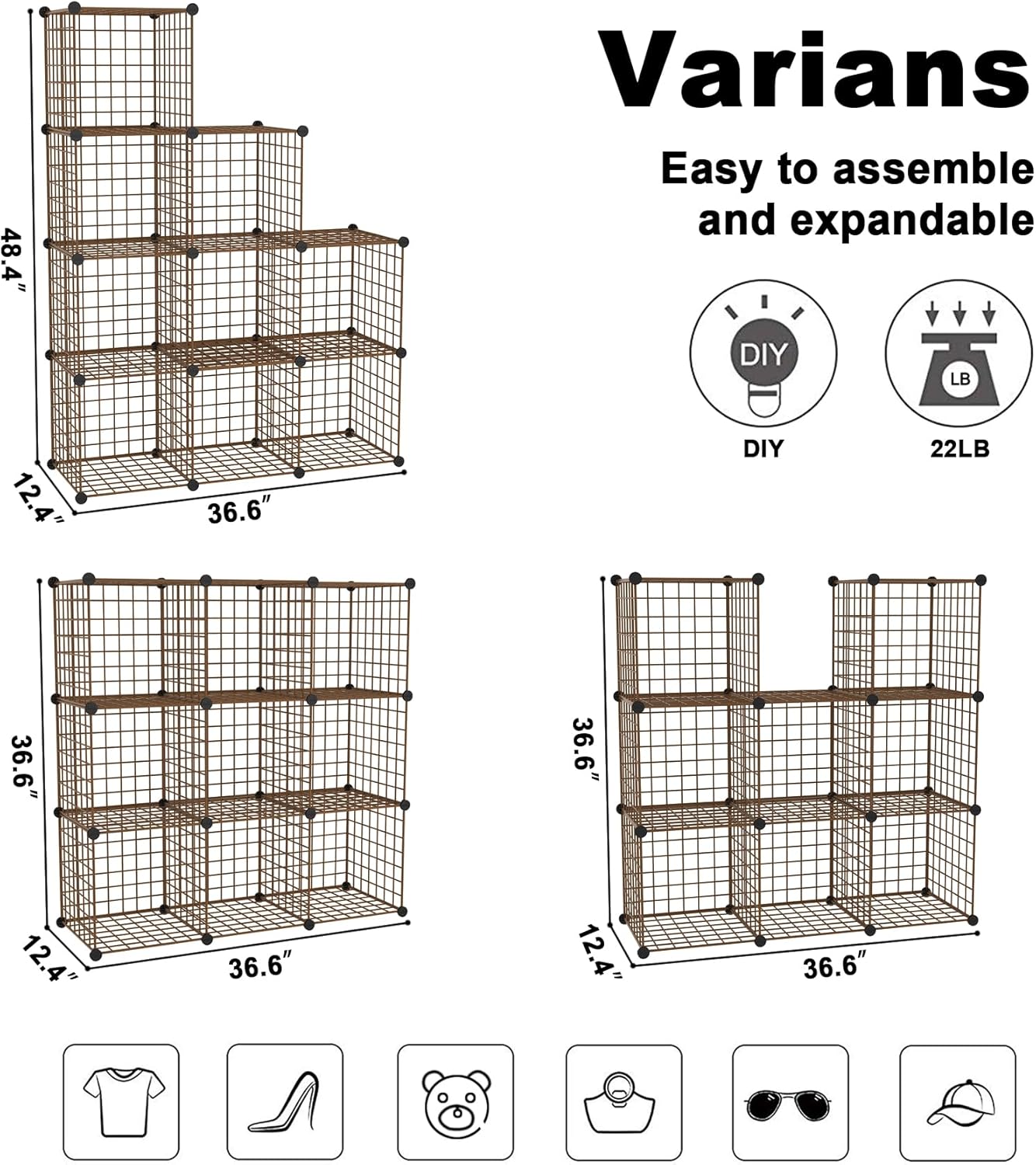 C&AHOME Wire Cube Storage - 9-Cube Organizer with Modular Metal Grids | Ideal for Home & Office, Brown, 36.6”L x 12.4”W x 48.4”H